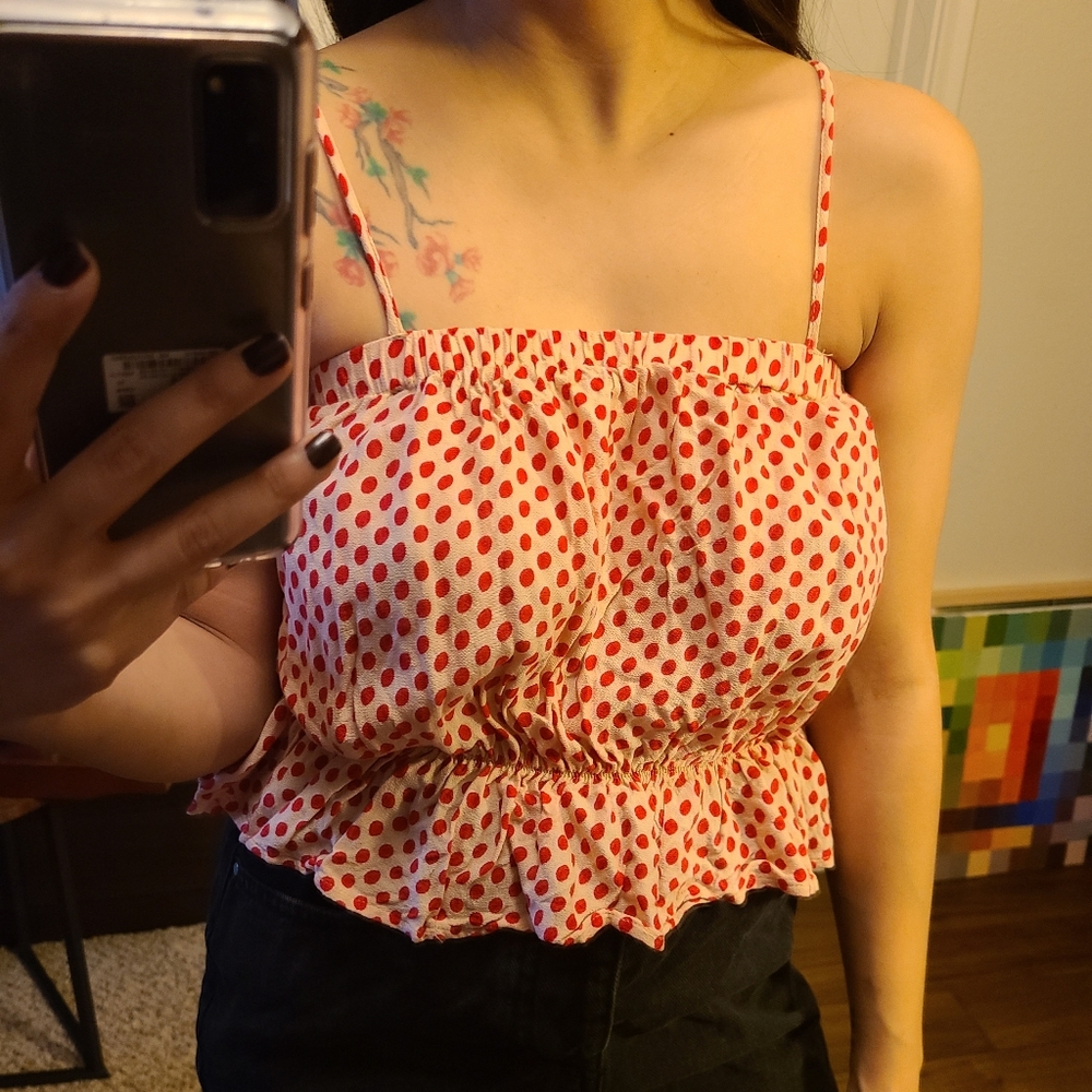 Polka dot top ruffle crop top straight nec…
